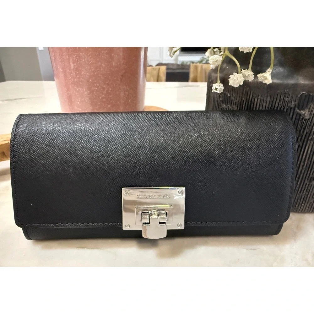Michael Kors Black Saffiano Leather Turnlock Flap Continental Wallet